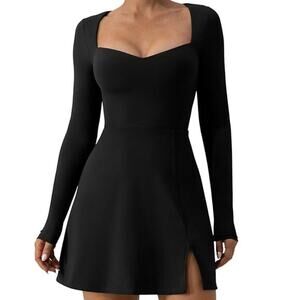 Qinsen Long Sleeve Square Neck Mini Bodice Dress Side Slit Size XL